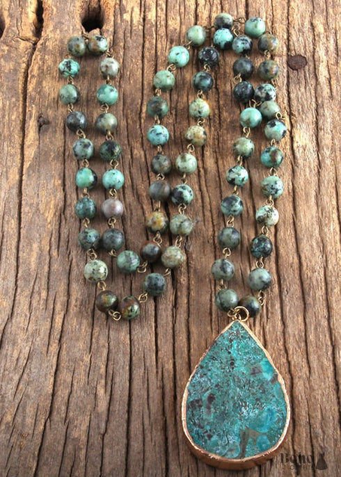 Boho Necklace, RH India Agated Blue and Green Natural Stone